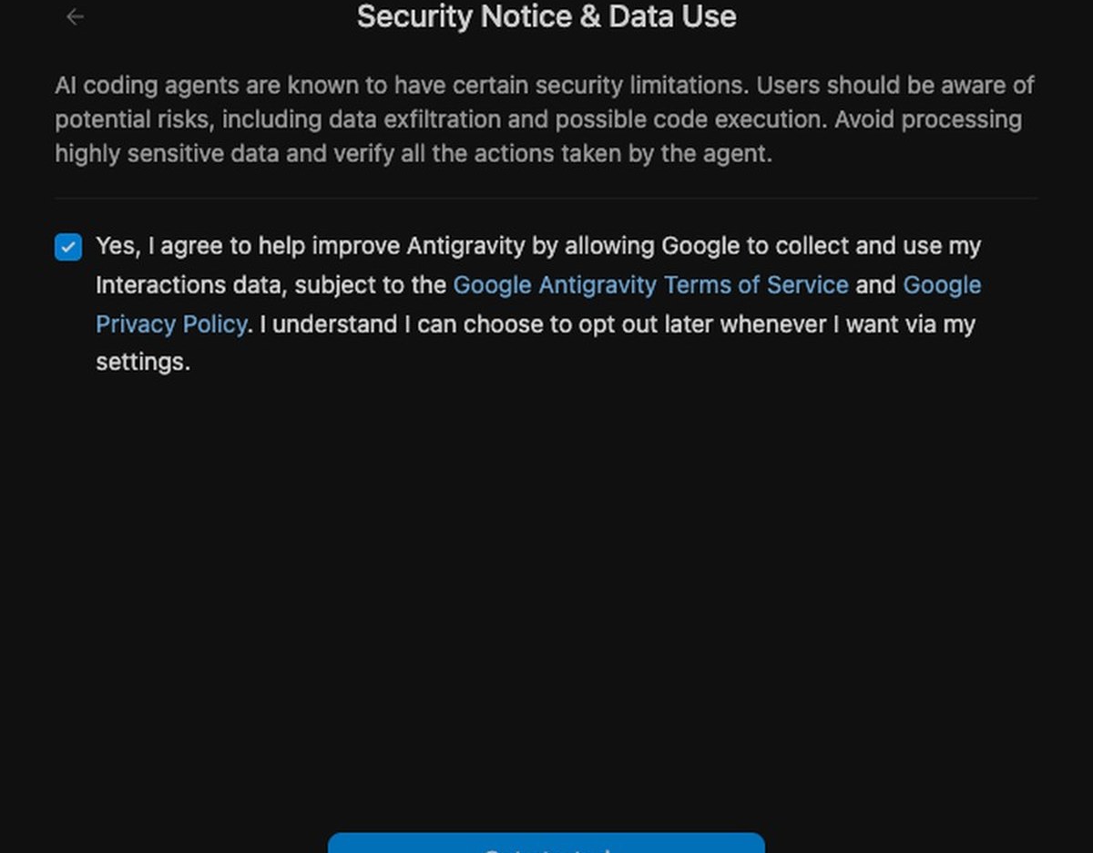 Security Notice & Data Useの画面。AIのエージェントの安全上の注意の文の下に、操作のデータをGoogleが集めて改善に使うことに同意するチェックが初めから付いていて、下にGet startedのボタンがある