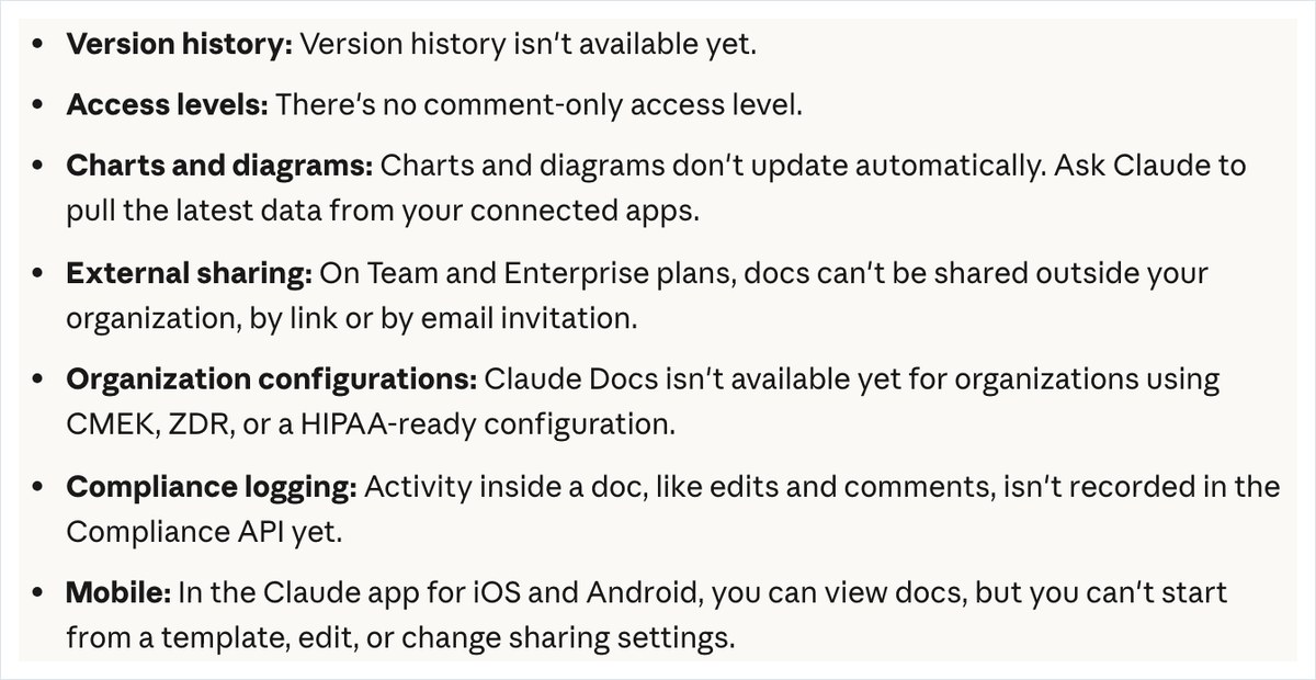 Claudeのヘルプ「Get started with Claude Docs」の既知の制限の一覧。版の履歴はまだ使えないことや、コメントだけの権限が無いこと、スマホのアプリでは見るだけで編集できないことが英語で並んでいる