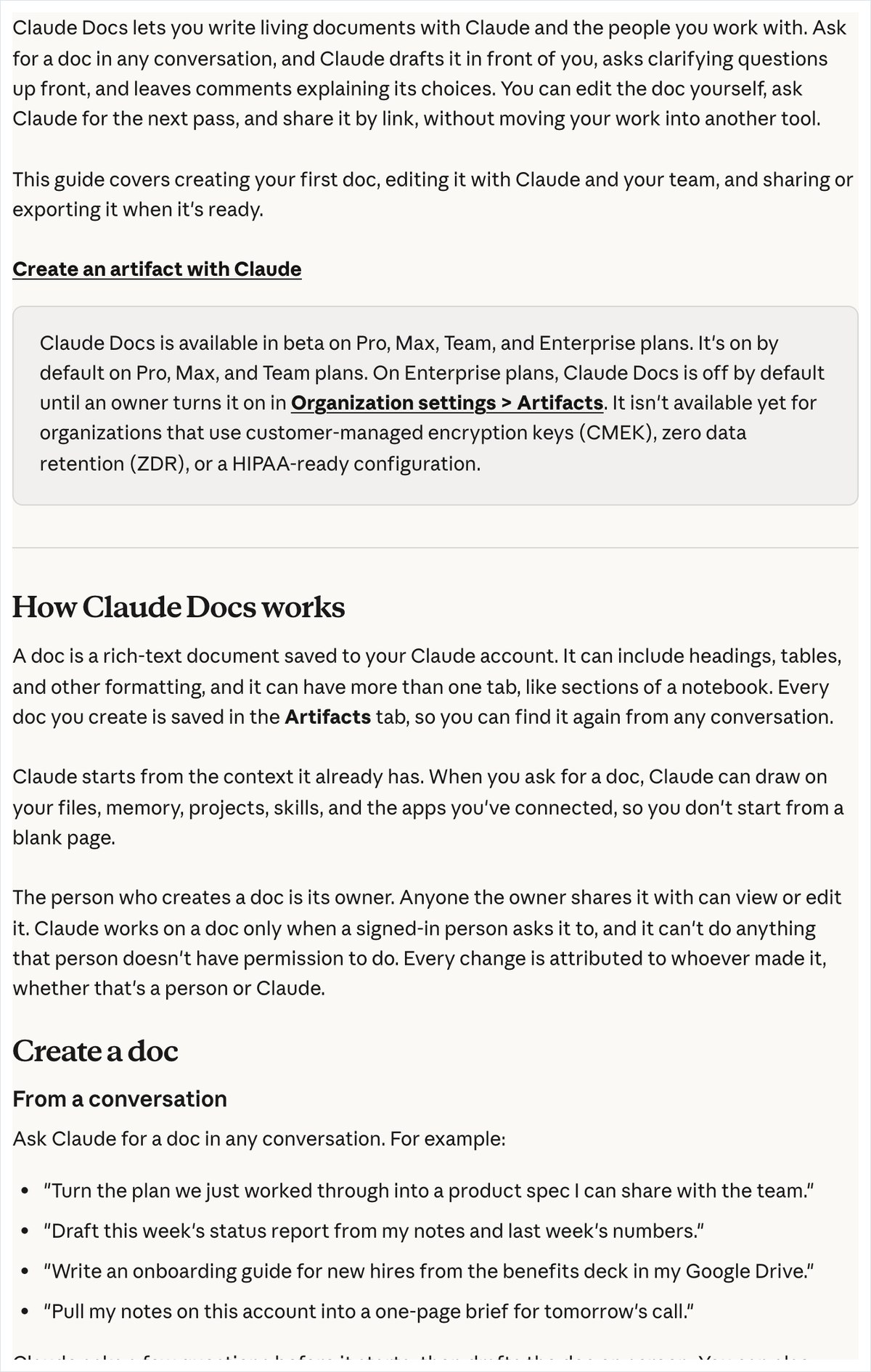 Claudeのヘルプ「Get started with Claude Docs」のページ。どの会話でも文書を頼めることと、Pro・Max・Team・Enterpriseのベータであること、文書を頼むとファイルやメモリやプロジェクトなど手