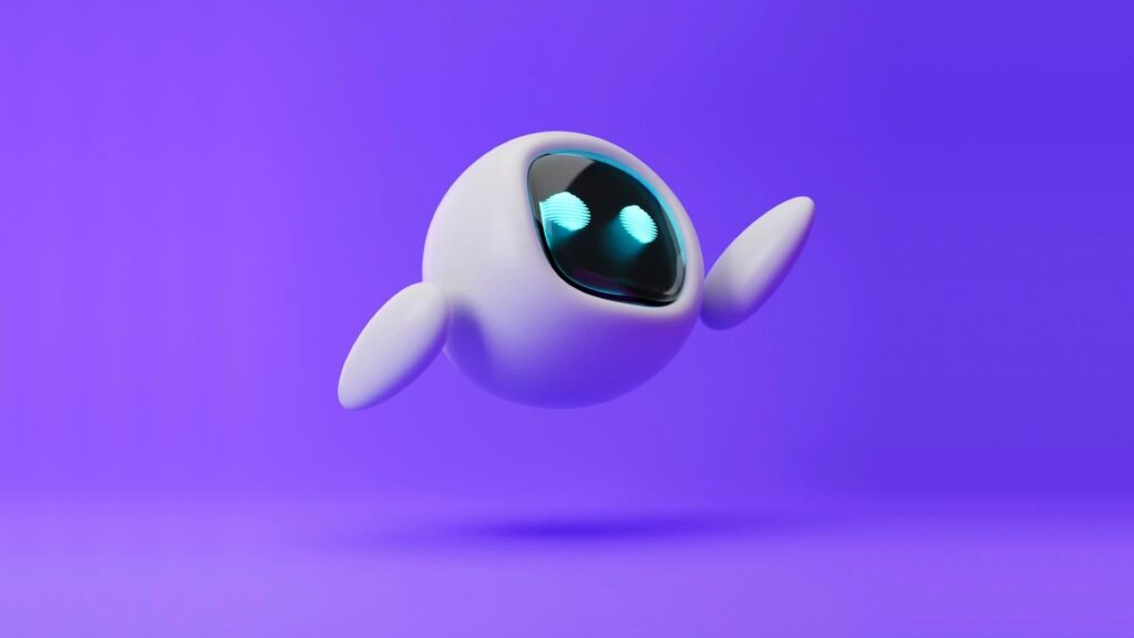 紫色の背景に浮かぶ白い球体型ロボットのキャラクターが光る目でこちらを見ているCGイラスト。Character.AI、破産を申請 日本の月1,500円の課金は当面続く