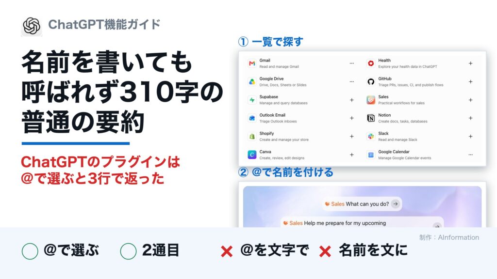 ChatGPTのプラグインの使い方は@で選ぶと109字の3行で名前を書くと310字だった