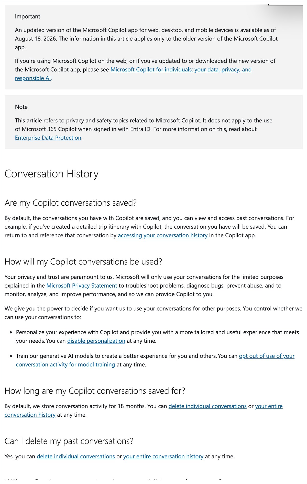 Microsoft Copilotのプライバシーに関するFAQ。会話の記録を18か月保存すると英語で書かれている