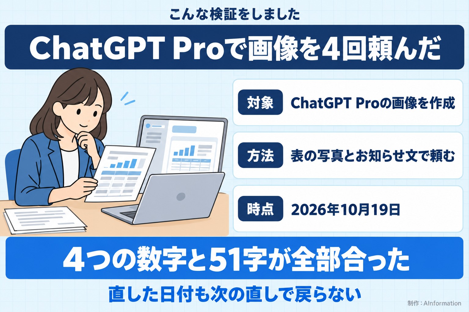 こんな検証をしました。ChatGPT Proで画像を4回頼んだ。対象。ChatGPT Proの画像を作成。方法。表の写真とお知らせ文で頼む。時点。2026年10月19日。4つの数字と51字が全部合った。直した日付も次の直しで戻らない。AInformation編集部が作ったイラスト図解（「こんな検証をしました」の場面）
