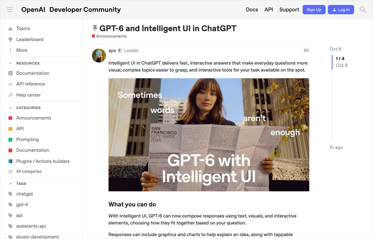 OpenAI Developer CommunityのGPT-6 and Intelligent UI in ChatGPTの告知。Plus・Pro・Business・Enterpriseは10月7日からGPT-6 Sol、FreeとG