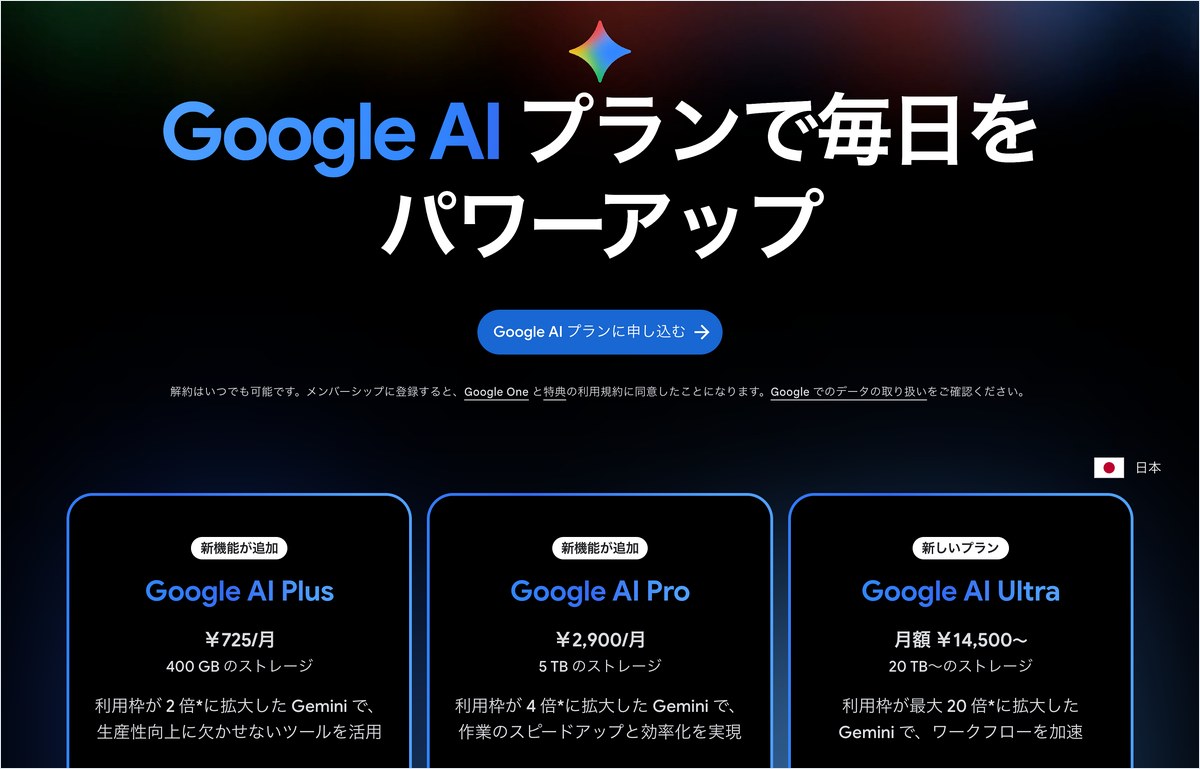 GoogleのAIプランのページ。Ultra 5xは月14,500円、Ultra 20xは月32,000円と日本円で書かれている