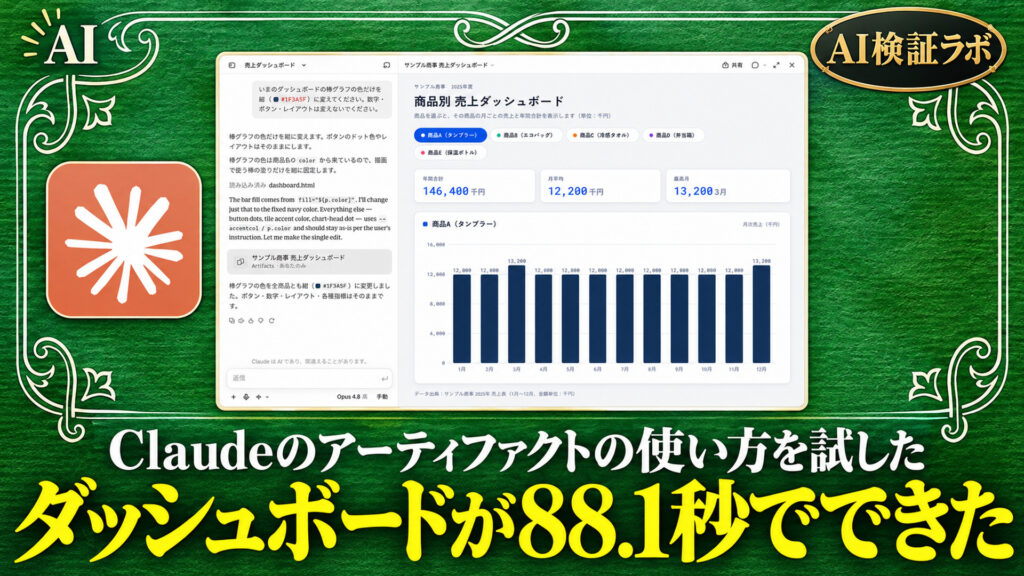 ダッシュボードが88.1秒でできた。Claudeのアーティファクトの使い方を試した