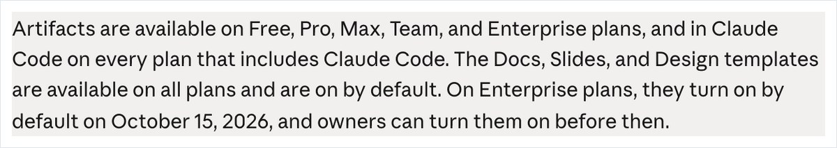 Claudeの公式ヘルプページ。アーティファクトはFreeからEnterpriseまでのプランで使えると英語で書かれている