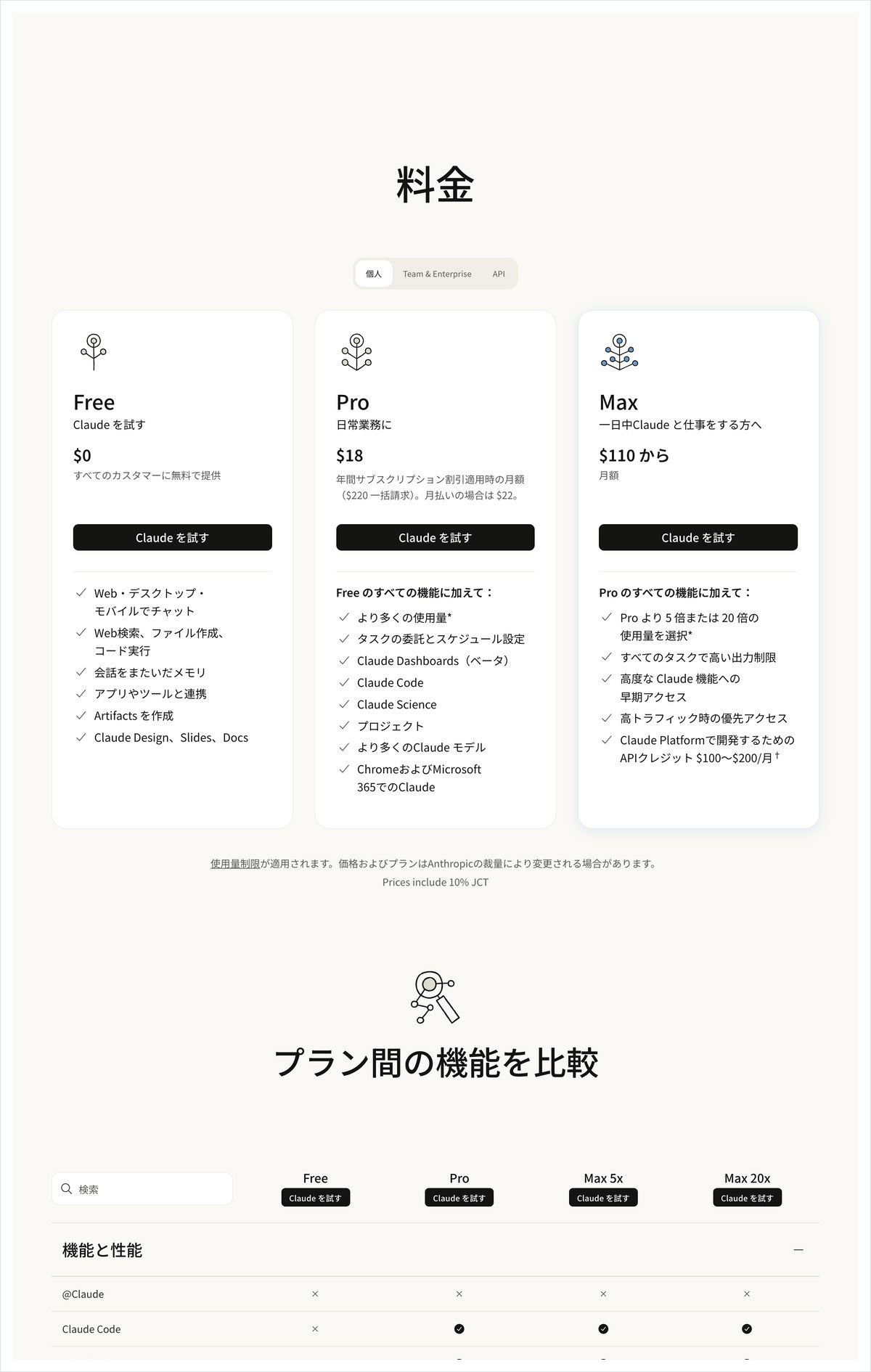 Claudeの公式料金ページの上の部分。Claude Cowork は Claude になりました、Pro および Max に展開中という告知が出ている