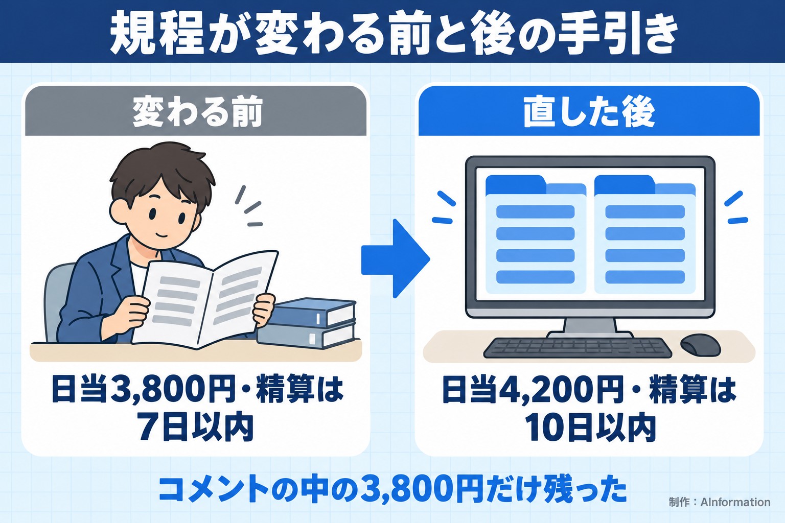 規程が変わる前と後の手引き。変わる前。日当3,800円・精算は7日以内。直した後。日当4,200円・精算は10日以内。コメントの中の3,800円だけ残った。AInformation編集部が作ったイラスト図解（前と後の場面）