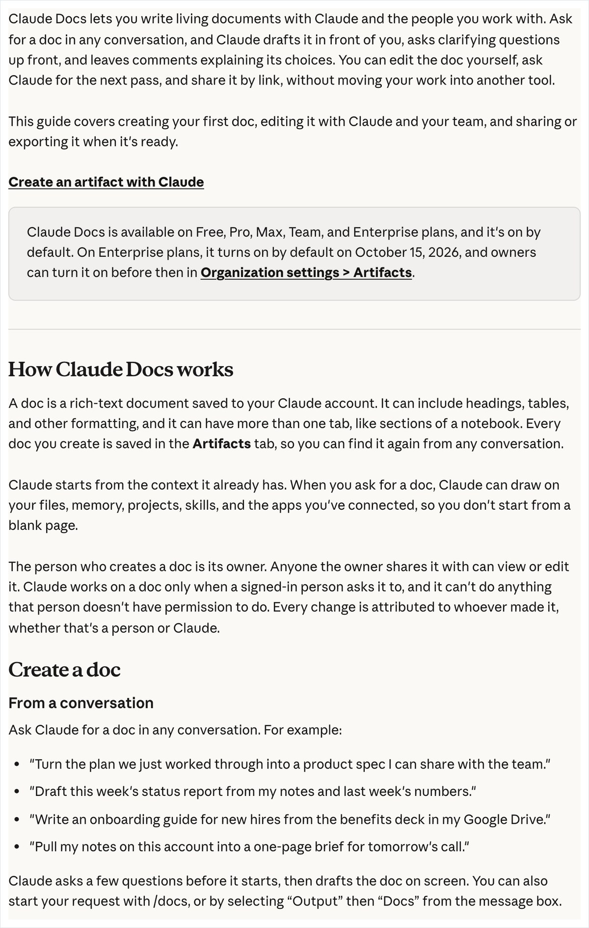 Claudeの公式ヘルプページ。会話の中で文書を頼む例文が並び、/docsや出力の選択からも始められると英語で書かれている