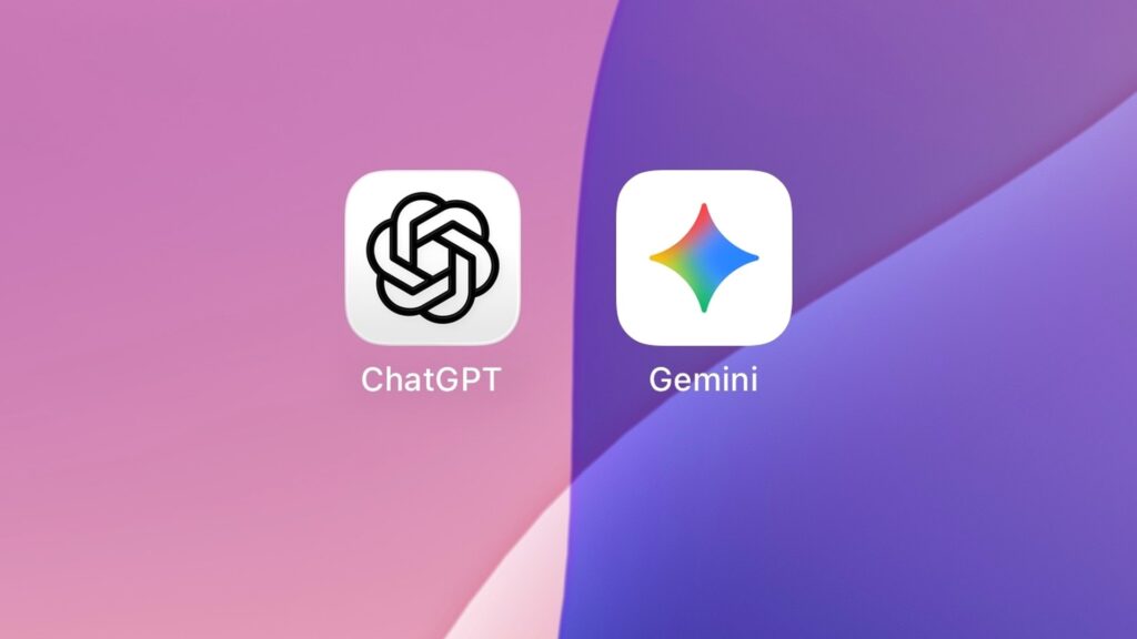 ピンクと紫の背景の上に、ChatGPTとGeminiのアプリアイコンが並んでいる画面。Claude、結婚相談所でIBJメンバーズを挙げたのは10回中1回だ