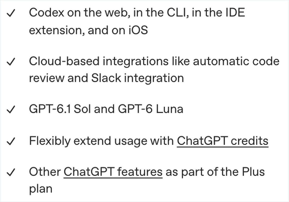 OpenAIのCodexの料金ページの画面。Plusの欄にCodex on the web, in the CLI, in the IDE extension, and on iOSと書かれている