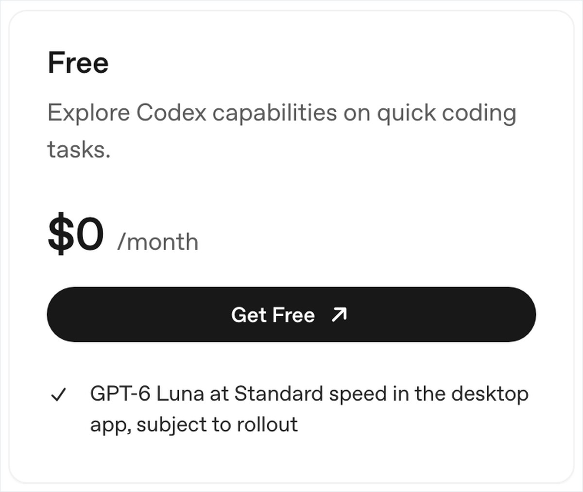 OpenAIのCodexの料金ページの画面。Freeの欄は0ドルで、GPT-6 Luna at Standard speed in the desktop app, subject to rolloutの1行だけが書かれている