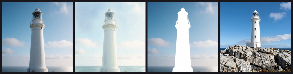 AInformation編集部がComfy Agentに頼んで出た画像を4枚並べたもの。左から写真風の白い灯台、それを水彩画風にした絵、灯台のほうが真っ白に塗られて空と海が残った絵、2倍に拡大した灯台の写真風の1枚