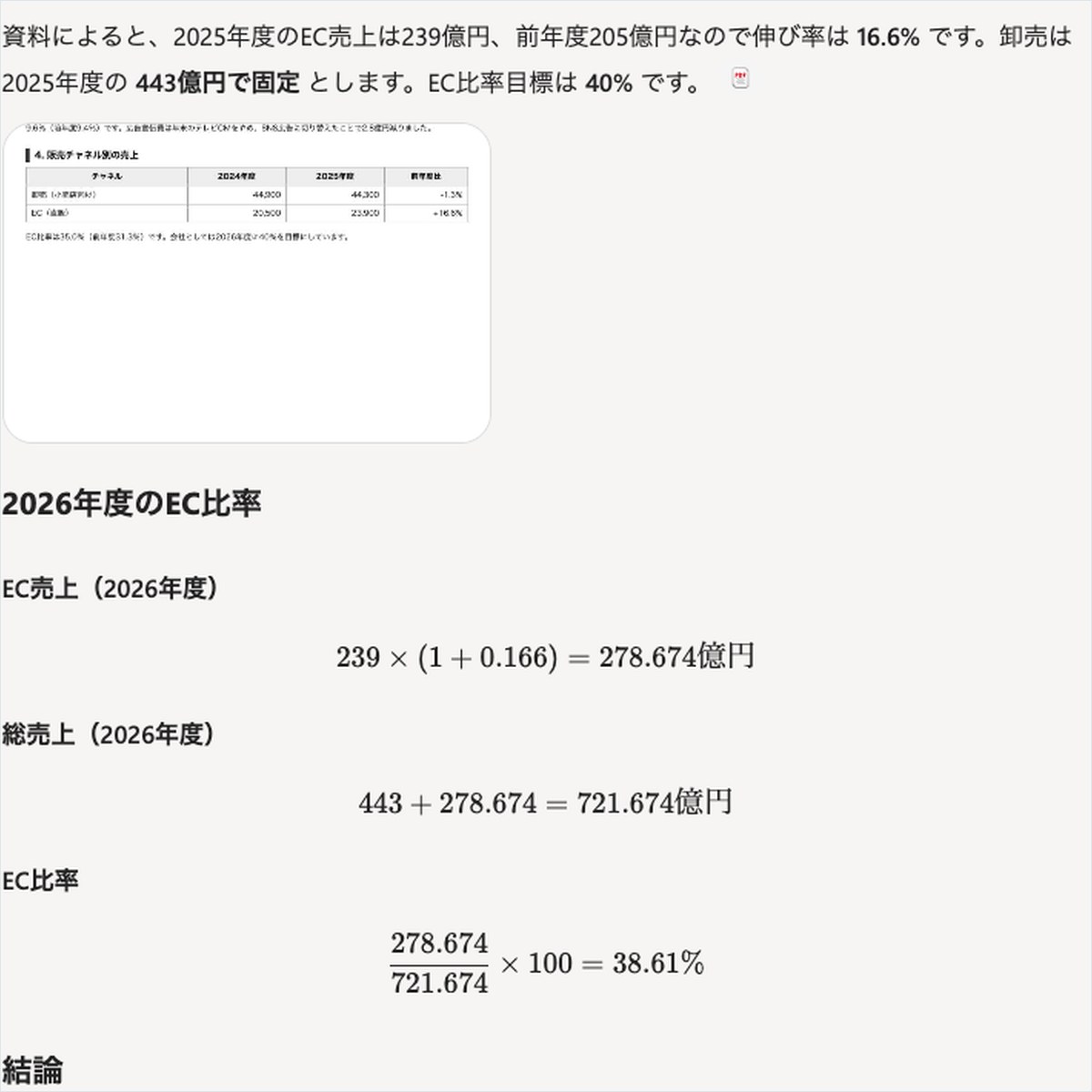 Copilotに販売チャネル別売上表を見せてEC比率を計算させ、2026年度は約38.6%と結論づけている画面