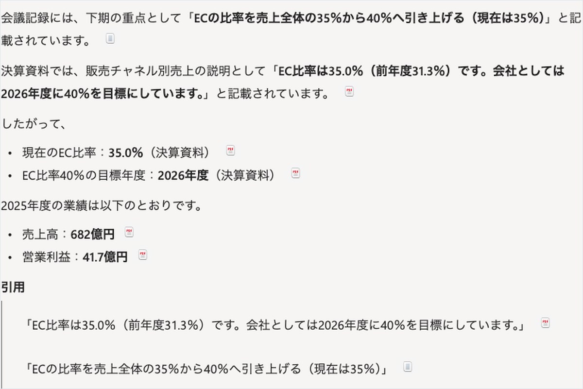Copilotが会議記録と決算資料からEC比率と目標年度、売上高、営業利益を引用で回答した画面