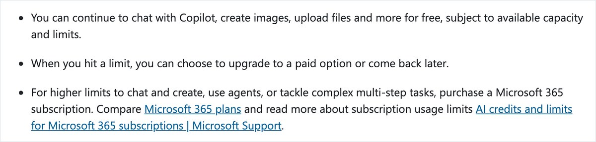 Microsoftの公式ページ。無料でも会話・画像の作成・ファイルのアップロードを使えるが空き具合と上限の範囲でと英語で書かれている