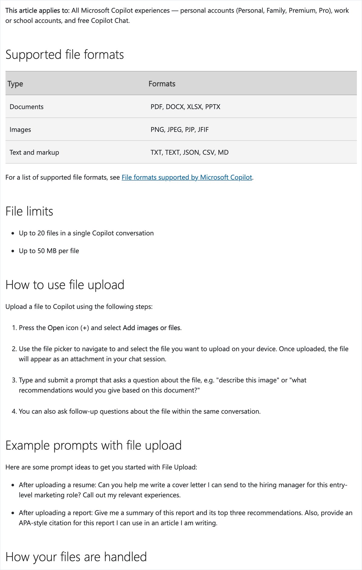 Microsoftの公式ヘルプページ。1つの会話に20ファイルまで・1ファイル50MBまでと英語で書かれている