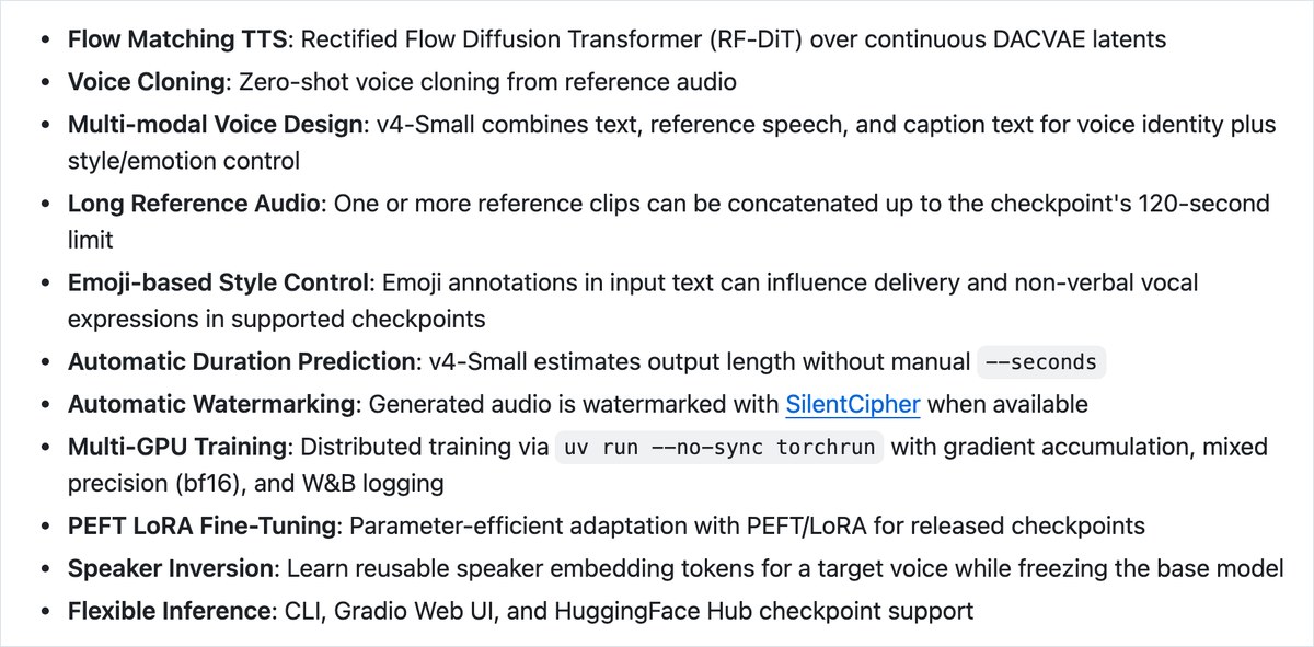 Irodori-TTSのGitHubのREADMEにある機能の一覧。Voice Cloningとして参照の音声からゼロショットで声を複製でき、参照の音声はつなげて120秒まで使えると英語で書かれている