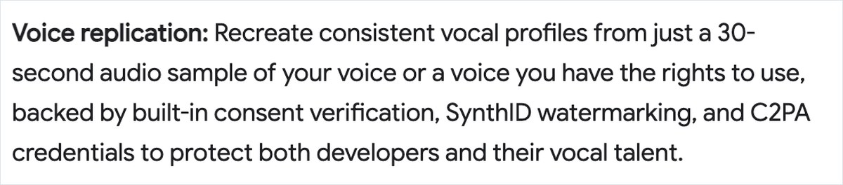 Googleの公式ブログの一節。Voice replicationとして、自分の声か使う権利のある声を30秒の録音から再現でき、同意の確認とSynthIDの透かしが組み込まれていると英語で書かれている