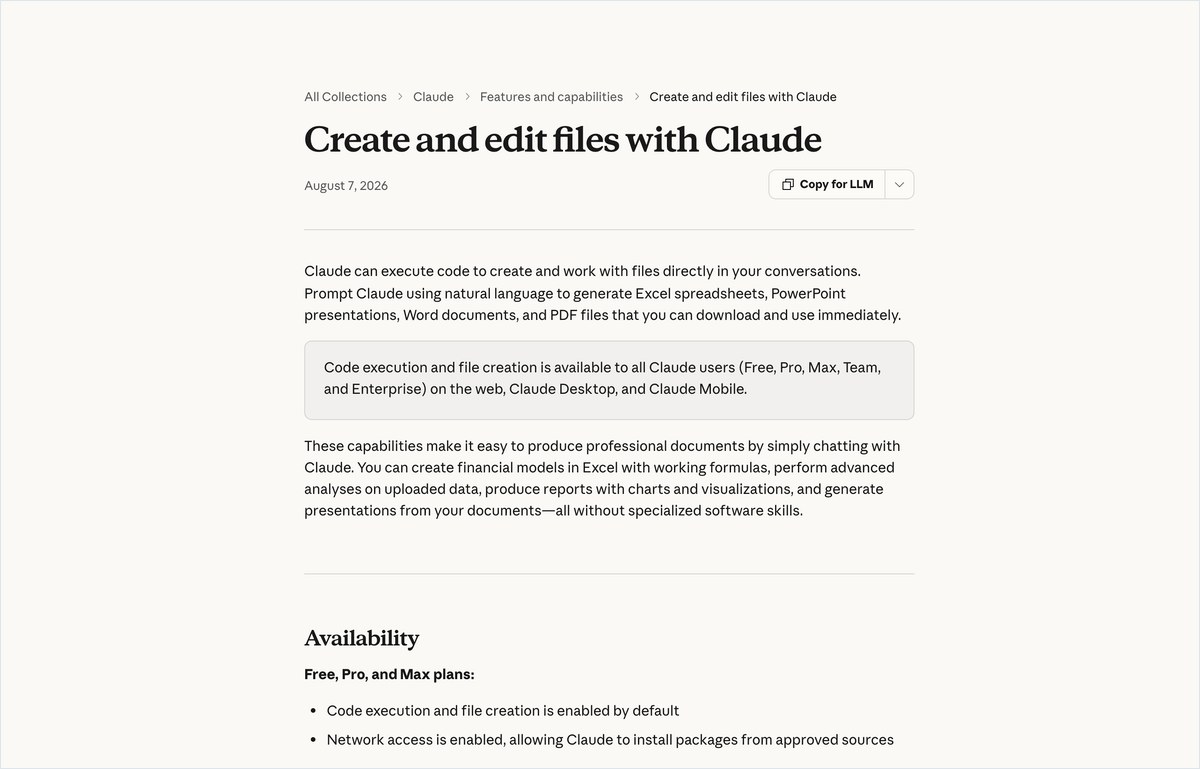 Claudeのヘルプ「Create and edit files with Claude」の一部。Free・Pro・Maxのプランは設定のCapabilitiesでCode execution and file creationをオンに
