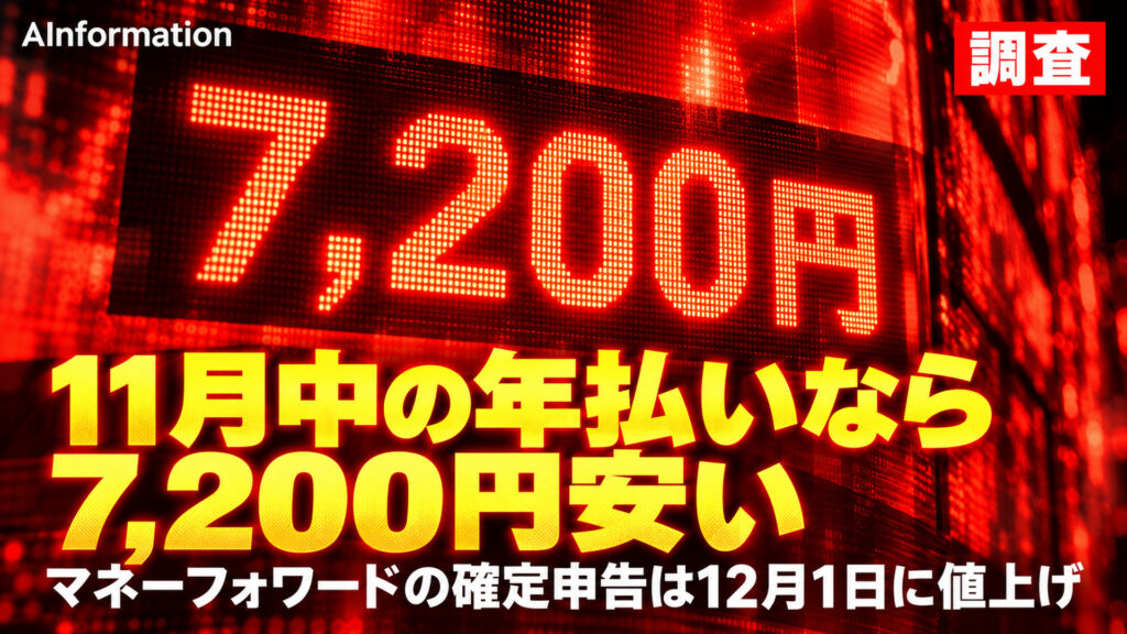 11月中の年払いなら7,200円安い。マネーフォワードの確定申告は12月1日に値上げ