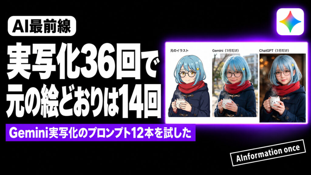 実写化36回で元の絵どおりは14回。Gemini実写化のプロンプト12本を試した