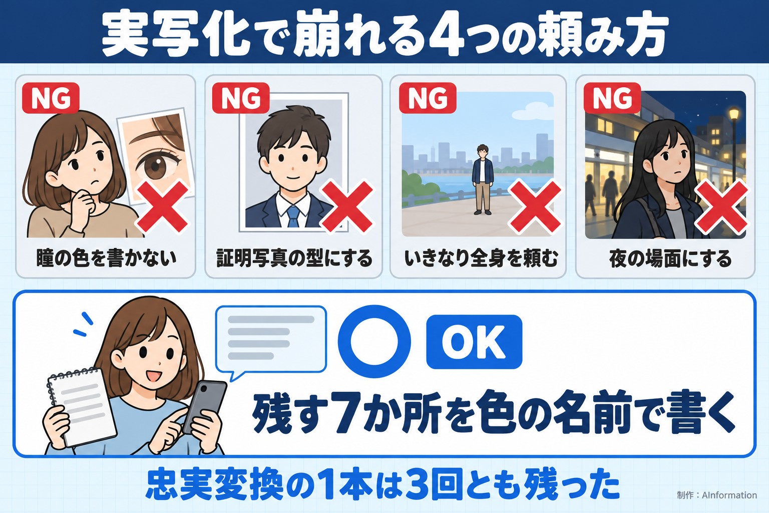 実写化で崩れる4つの頼み方。瞳の色を書かない。証明写真の型にする。いきなり全身を頼む。夜の場面にする。残す7か所を色の名前で書く。忠実変換の1本は3回とも残った。AInformation編集部が作ったイラスト図解（やってはいけない×の並び）