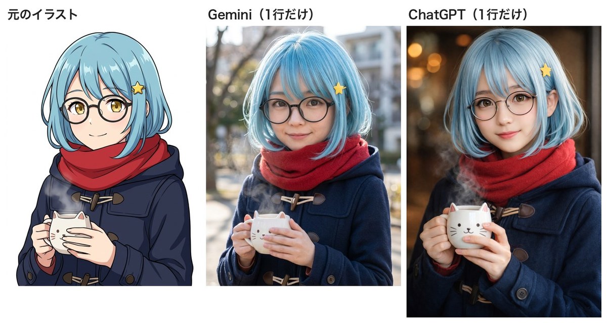 左から編集部のオリジナルの水色の髪のキャラの絵、Geminiが実写にした写真、ChatGPTが実写にした写真の3枚を並べた比較画像