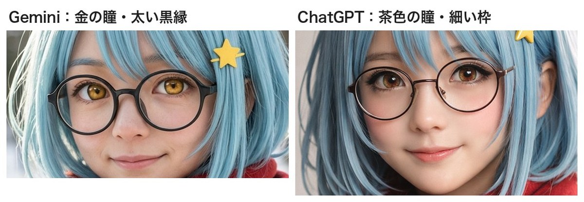 実写化した写真の目元を拡大して並べた画像。左のGeminiは金色の瞳と太い黒縁の丸メガネ、右のChatGPTは茶色の瞳と細い金属の枠のメガネ