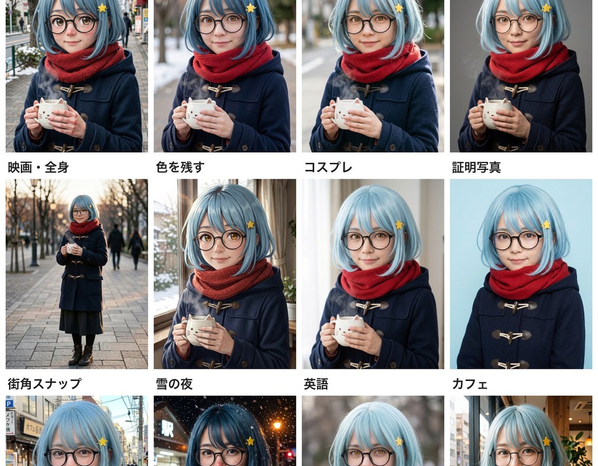 同じ水色の髪のキャラの絵から作った12枚の実写の写真。街角、スタジオ、全身、証明写真、雪の夜、カフェなど背景が違う