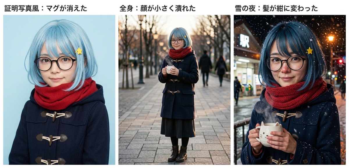 Geminiの実写化で崩れた3枚。証明写真風でマグカップが消えた写真、全身で顔が小さくなった写真、雪の夜で髪が紺色になった写真