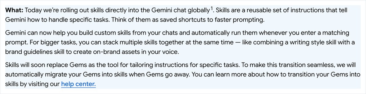 Geminiのリリースノート。スキルをGeminiのチャットへ世界で出し始めたことと、チャットからスキルを作って合う依頼のときに自動で動かせることが英語で書かれている