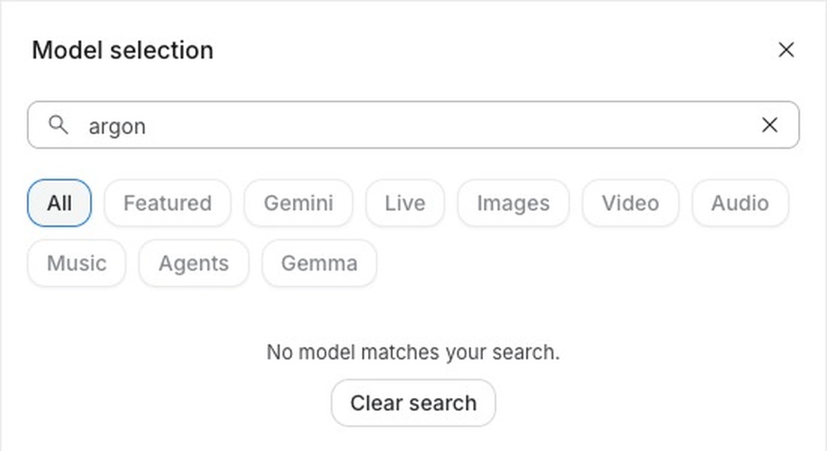 Google AI Studioのモデル選択の画面。Allを選んだうえで検索欄にargonと入力し、No model matches your search.と表示されている