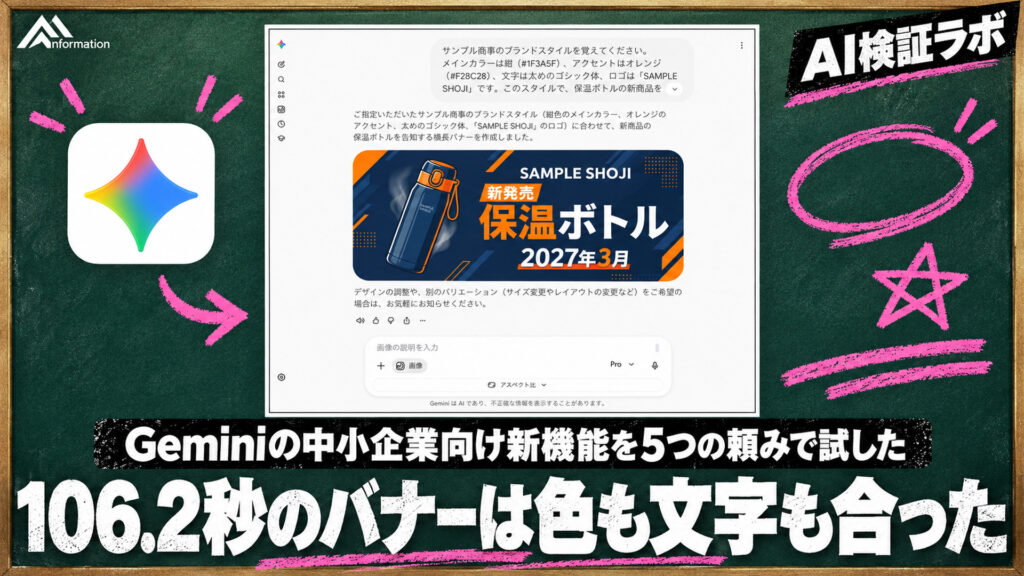 106.2秒のバナーは色も文字も合った。Geminiの中小企業向け新機能を5つの頼みで試した