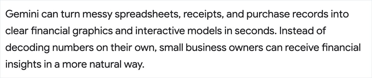 Googleの公式ブログ「New Gemini tools for small business owners」の一部。散らかった表やレシートや購入記録を数秒で財務の図や動く試算に変えられると英語で書かれている