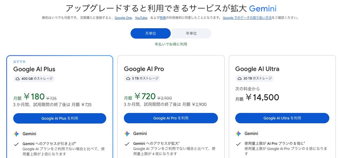 Geminiの無料のアカウントで右上のアップグレードを押すと開いたGoogle Oneの画面。月単位の表示で、Google AI Plusは月額180円（元の価格725円）、Google AI Proは月額720円（元の価格2,900円