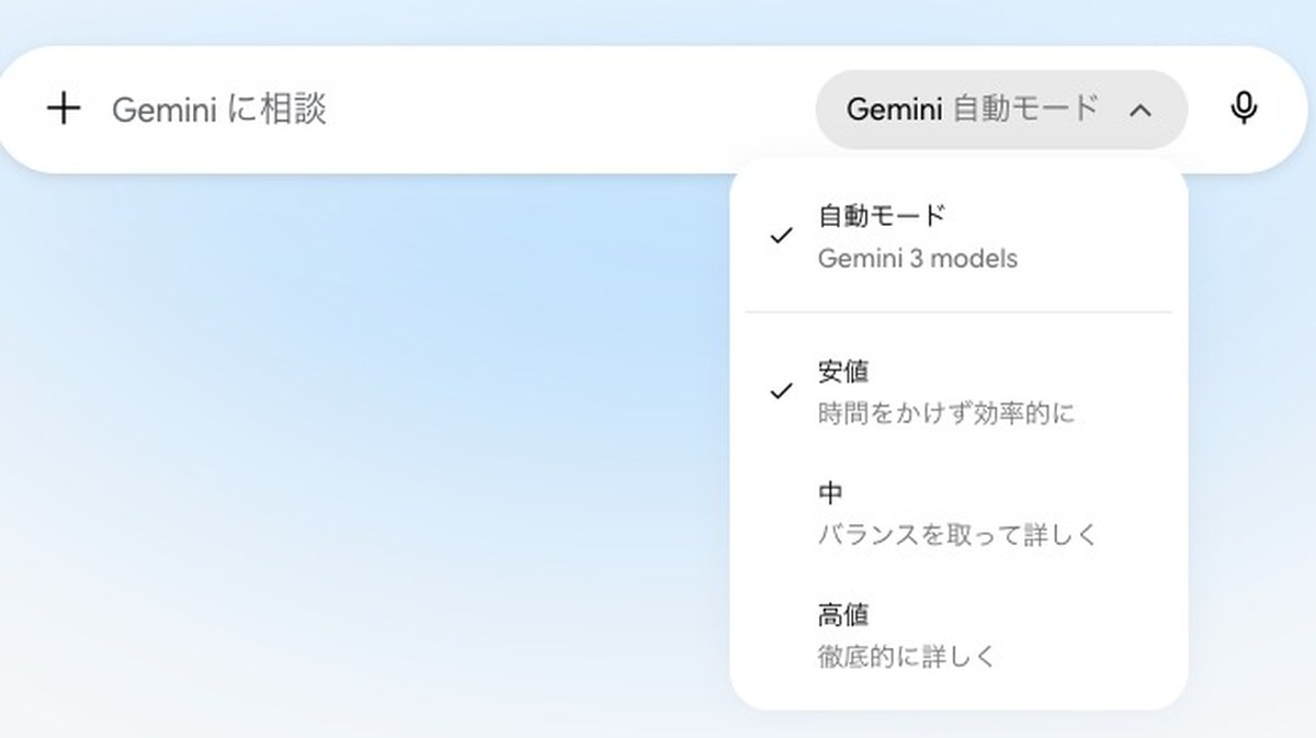 Geminiの無料版の入力欄の右の「Gemini 自動モード」を押して開いたメニュー。自動モード（Gemini 3 models）と、考える深さの安値・中・高値だけが並び、安値にチェックが付いている。右上にアップグレードのボタンがある