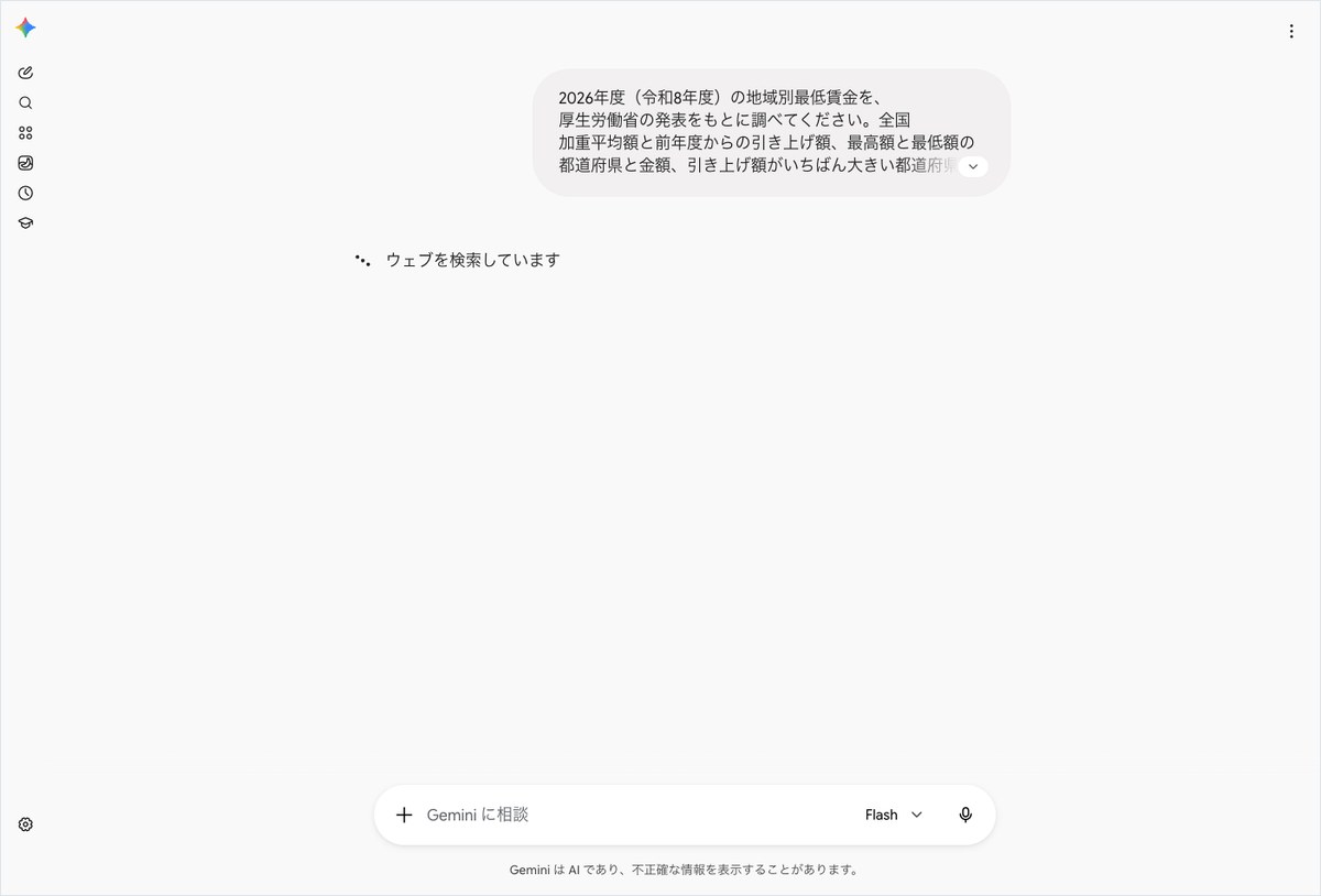 Geminiに最低賃金の調査を依頼しウェブ検索中と表示された画面