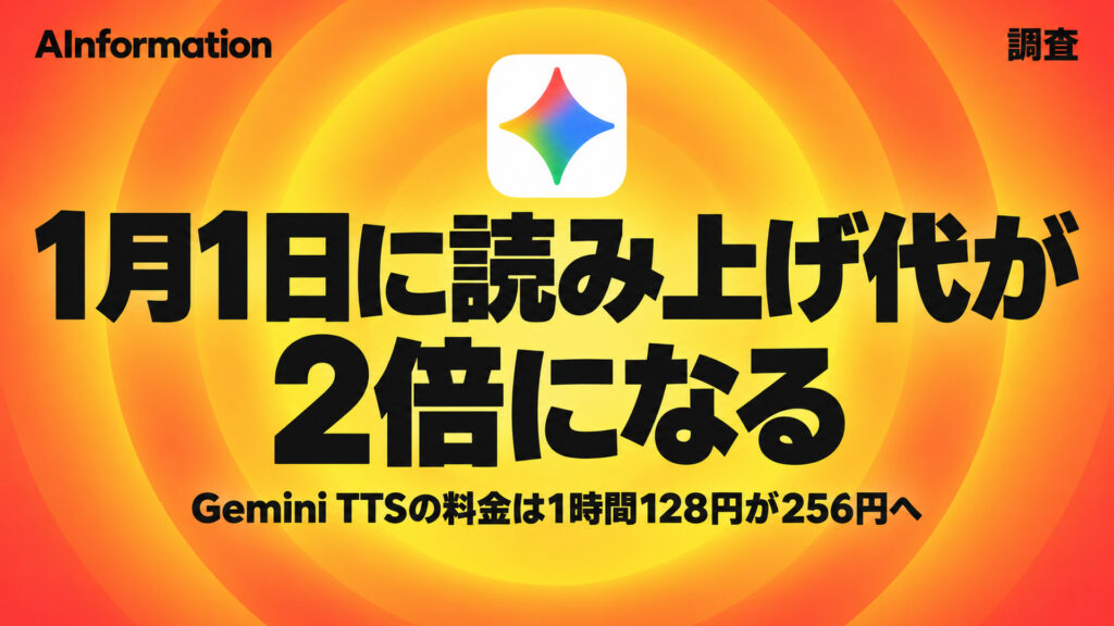 1月1日に読み上げ代が2倍になる。Gemini TTSの料金は1時間128円が256円へ