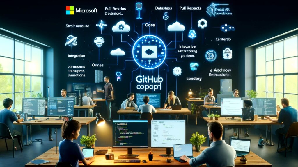 オフィスで複数人がパソコンに向かう様子に、Microsoftのロゴとデジタルアイコン、GitHub Copilotの文字が重なったイラスト。GitHub、HydraFusionを公開 使うには月10ドルかかる