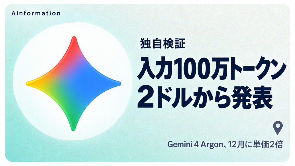入力100万トークン2ドルから発表。Gemini 4 Argon、12月に単価2倍