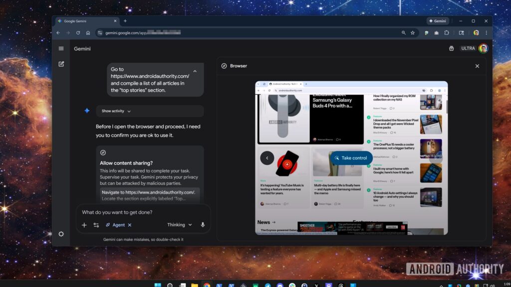 GoogleのGemini Agentがブラウザ操作の許可を確認しつつAndroid Authorityのサイトを表示している画面。Google、Gemini agentはClaude選択など3機能が先行版だ
