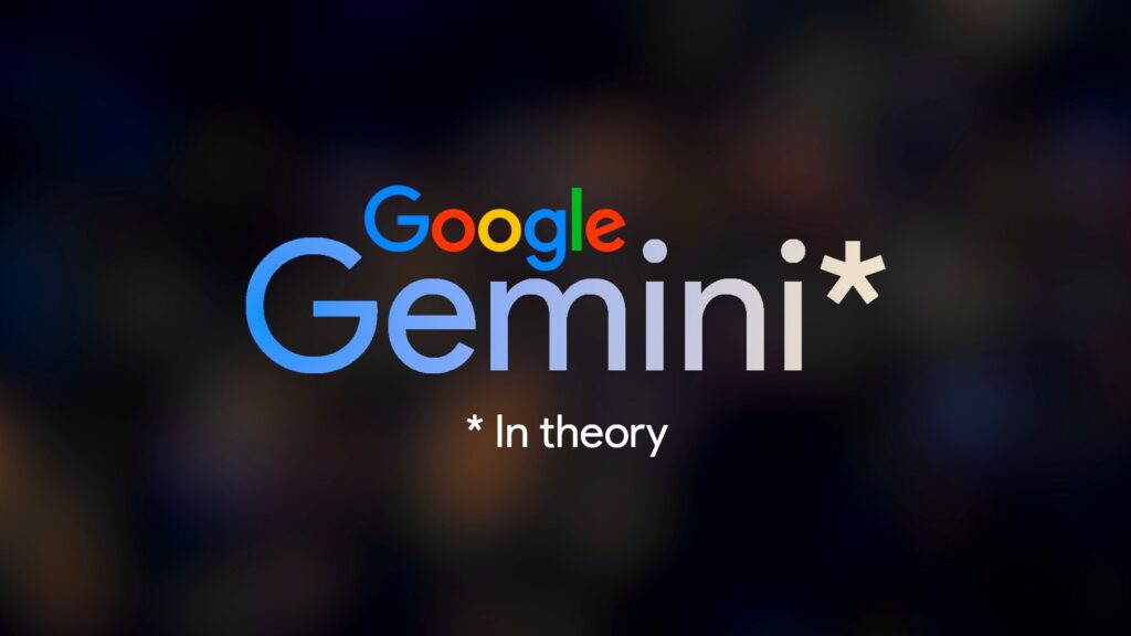 黒い背景にGoogleのロゴとGeminiの文字、下に「In theory」の注釈がある画像。Google、車のGeminiにGmailを読ませる 0円だが会社用は不可だ