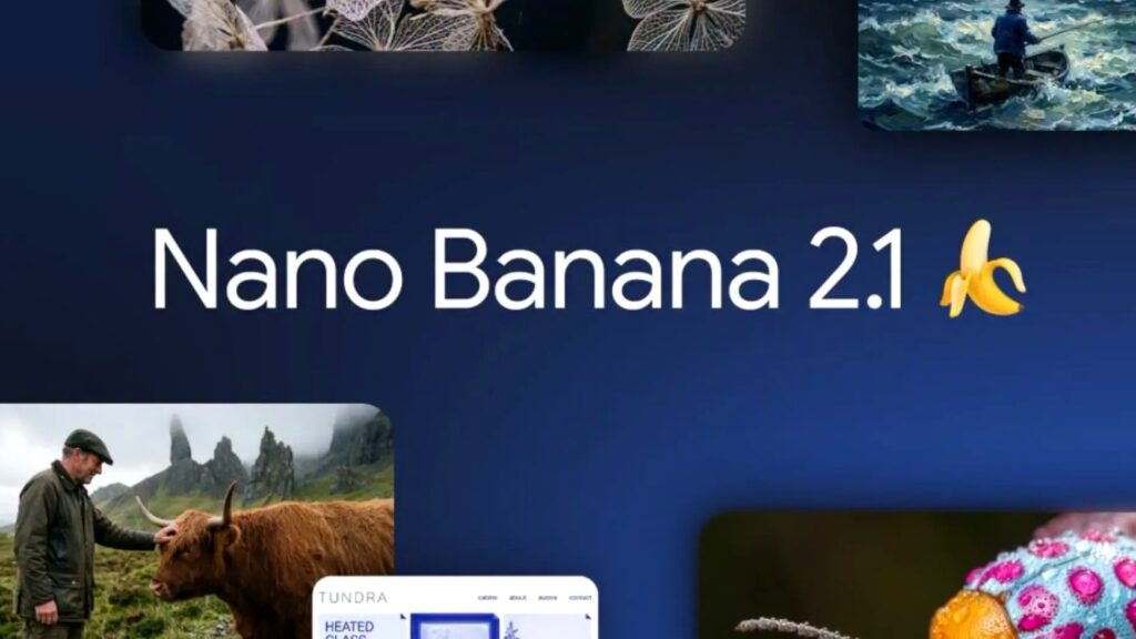 Nano Banana 2.1」の文字の周りに、牛に触れる男性、海の絵画、Webサイトの画面を並べたコラージュの画像。Google、Nano Banana 2.1を値下げ 4Kは0.113ドルだ