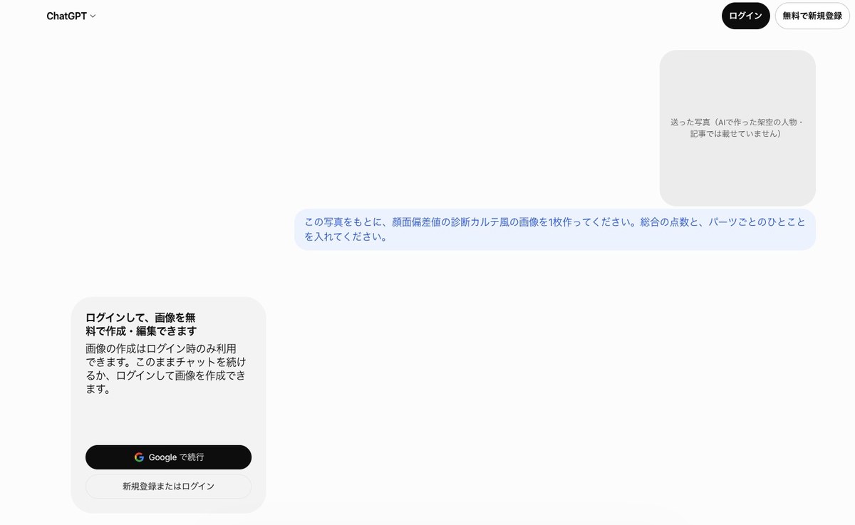 ログインしていないChatGPTの画面。カルテ風の画像を頼んだ吹き出しの下に、ログインして画像を無料で作成・編集できます、画像の作成はログイン時のみ利用できますの箱と、Googleで続行・新規登録またはログインのボタンが出ている