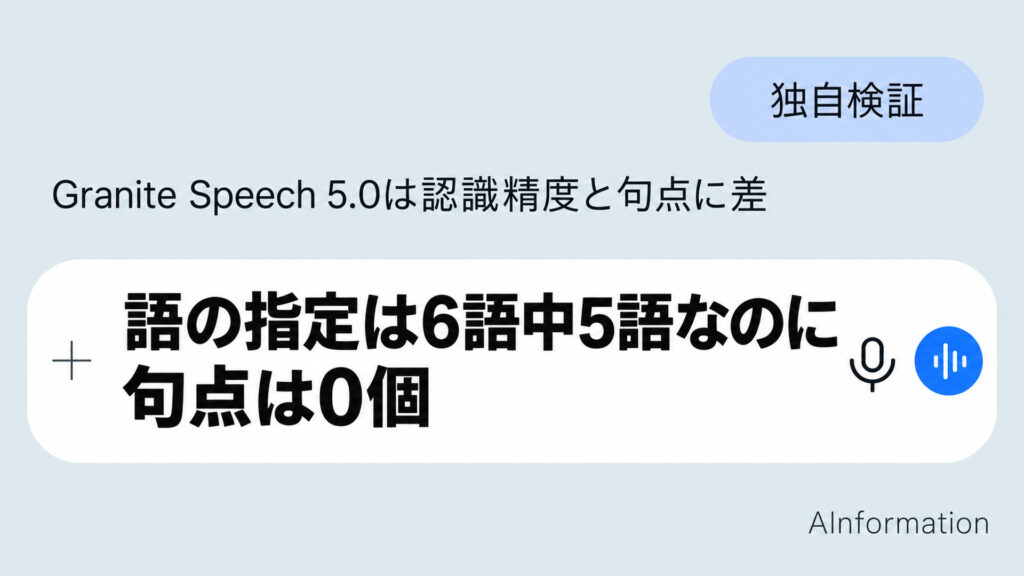 語の指定は6語中5語なのに句点は0個。Granite Speech 5.0は認識精度と句点に差