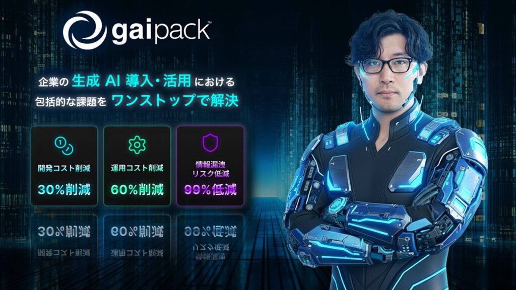 近未来的な装甲スーツを着た男性と「gaipack」のロゴ、開発・運用コスト削減や情報漏洩リスク低減の数値が並ぶ広告画像。KDDIアイレット、AI事例113件を公開 Geminiが65件を占める