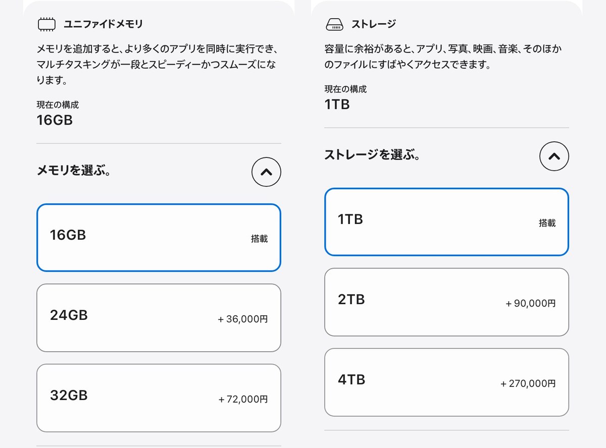 Apple Storeの購入ページのユニファイドメモリとストレージの選択肢を左右に並べた画面。メモリは16GB搭載・24GB +36,000円・32GB +72,000円、ストレージは1TB搭載・2TB +90,000円・4TB +27