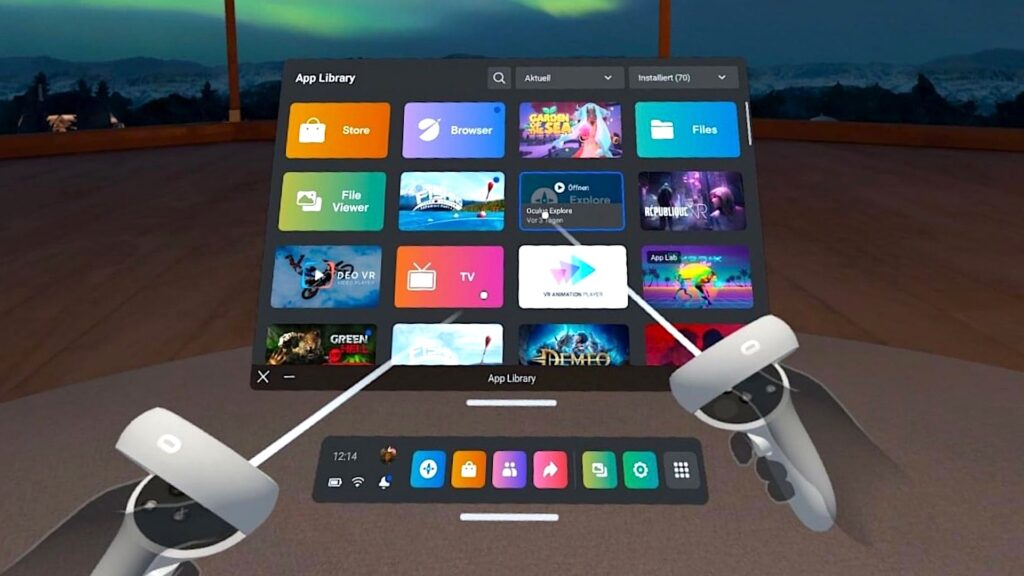 VRゴーグル内のApp Libraryメニュー画面と、コントローラーを持つ両手が写った画面。Meta、Museの共有リンク6800件超が第三者に見えた 日本は未提供だ